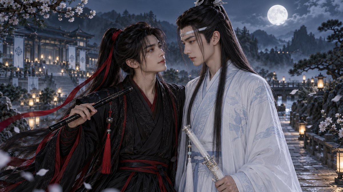 03-wei-ying-and-lan-zhan Wei Wuxian with a red hair ribbon and Lan Wangji with a white forehead ribbon meet on a moonlit path.