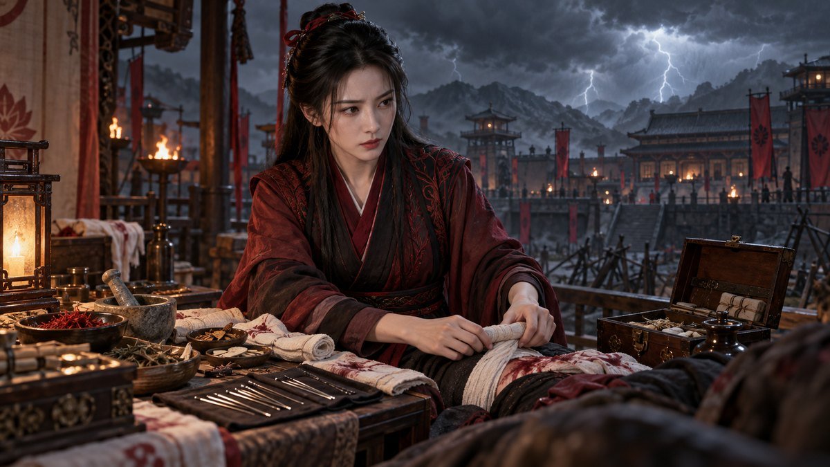 Wen Qing prepares herbs and bandages at a healer’s table as a storm gathers beyond the Wen compound.