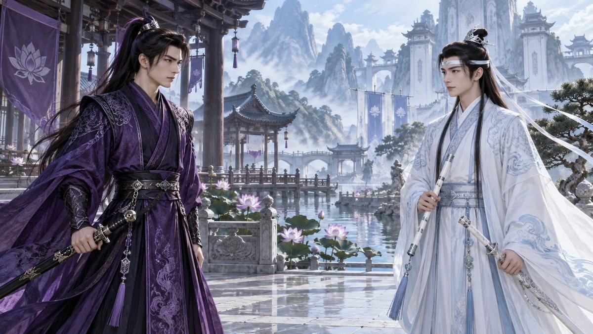 04-jiang-wanyin-and-lan-xichen Jiang Cheng in purple stands beside Lan Xichen in white and pale blue within a formal waterside courtyard.