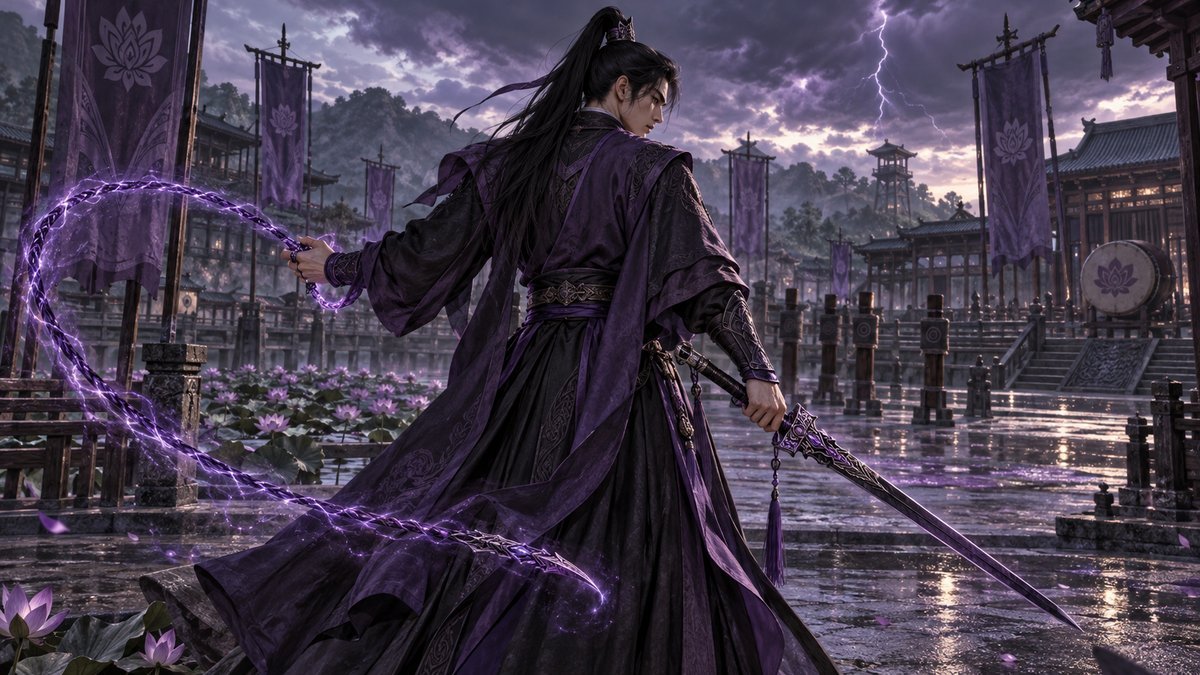 Jiang Cheng, wearing deep-purple robes without a forehead ribbon, holds the purple-accented sword Sandu while a ring in his other hand becomes the glowing spiritual whip Zidian.