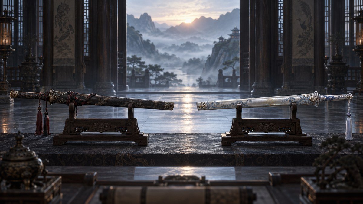 Two sheathed swords rest on separate stands in a quiet ancestral hall: dark, weathered Suibian with red-black cords and pale, immaculate Bichen with blue-cloud details.