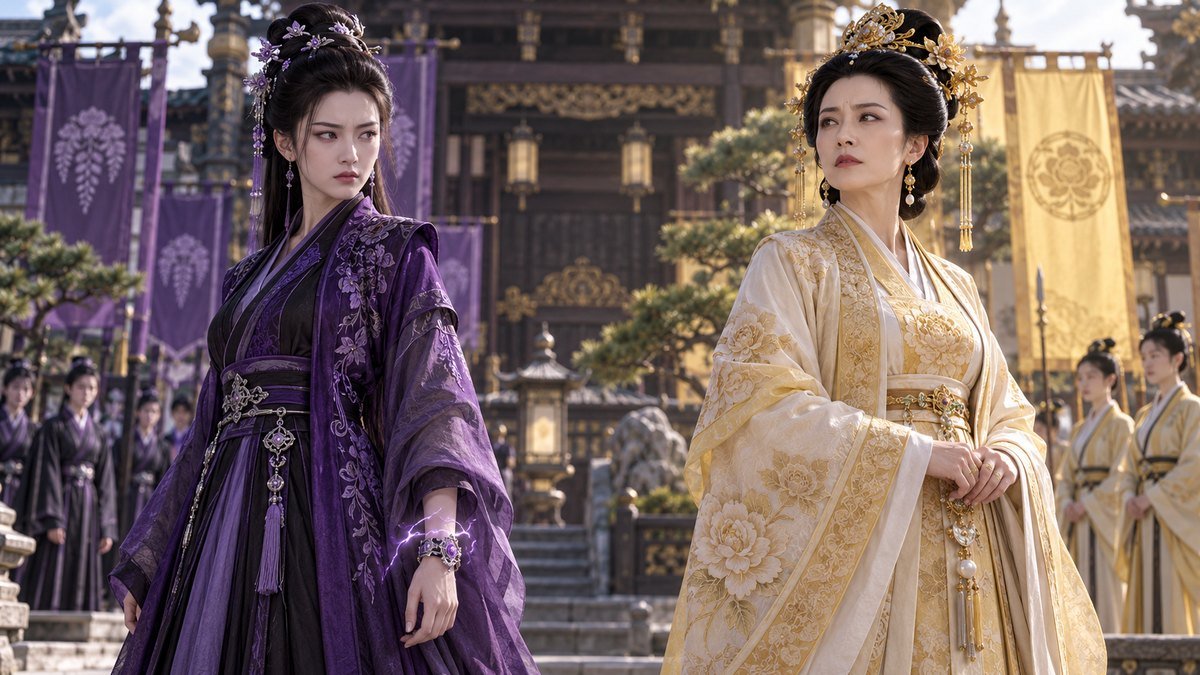Yu Ziyuan in purple and Madam Jin in gold stand with guarded authority inside a formal clan courtyard.