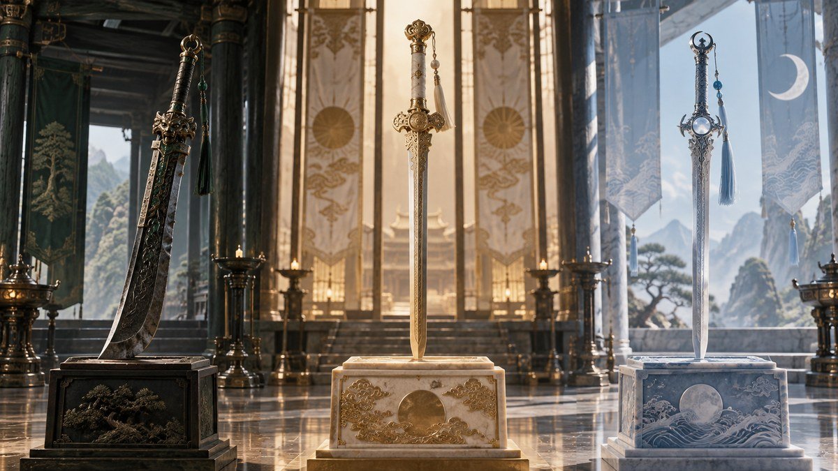 Three weapons occupy separate ceremonial stands: the heavy dark-green and bronze saber Baxia, the refined gold sword Suihua, and the elegant silver-blue sword Shuoyue.