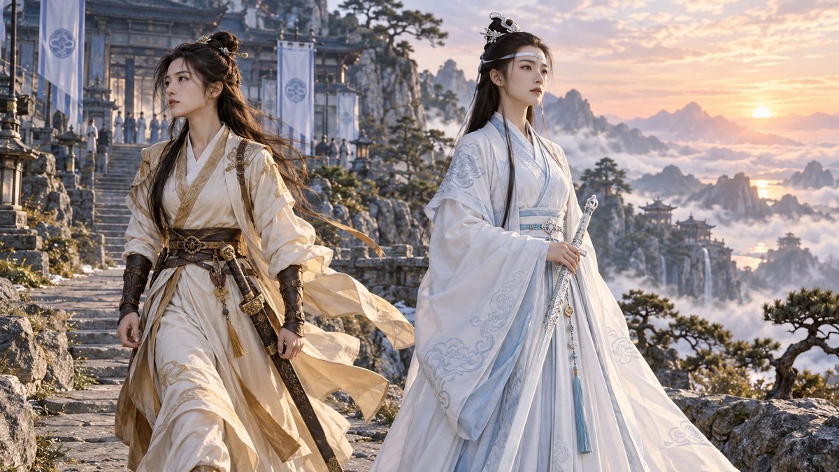 Mianmian leaves a clan hall while Lan Yi stands in pale-blue robes on a bright mountain path.