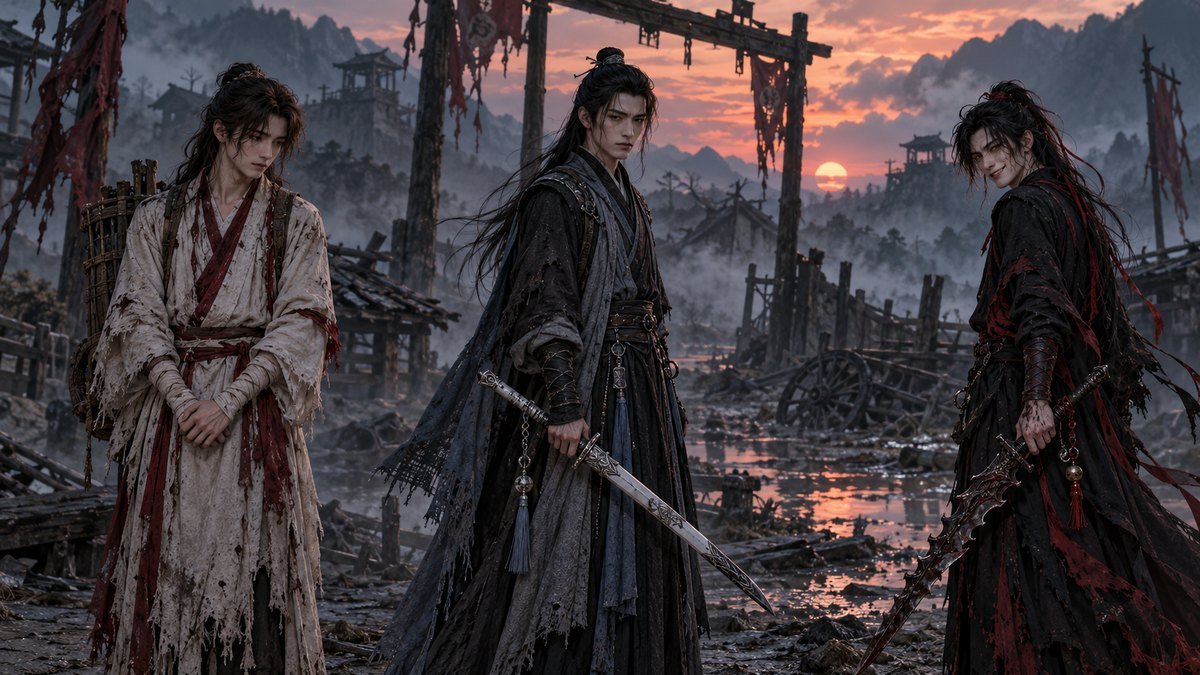 05-wen-qionglin-song-zichen-xue-chengmei Wen Ning, Song Lan, and Xue Yang stand apart at a ruined waystation, distinguished by robes, posture, and swords.