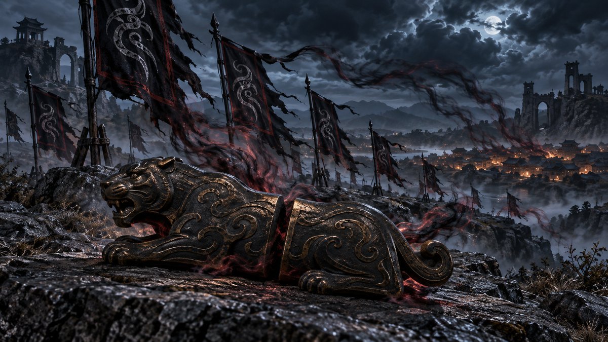 A split dark-bronze tiger tally lies on stormy rock while rows of black spirit-attraction flags draw smoky red-black energy away from distant village lights.
