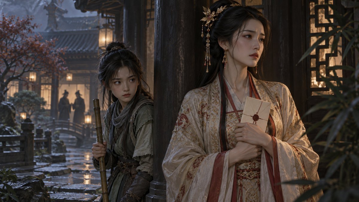 A-Qing grips a bamboo staff beside Qin Su, who holds a sealed letter in a shadowed courtyard.