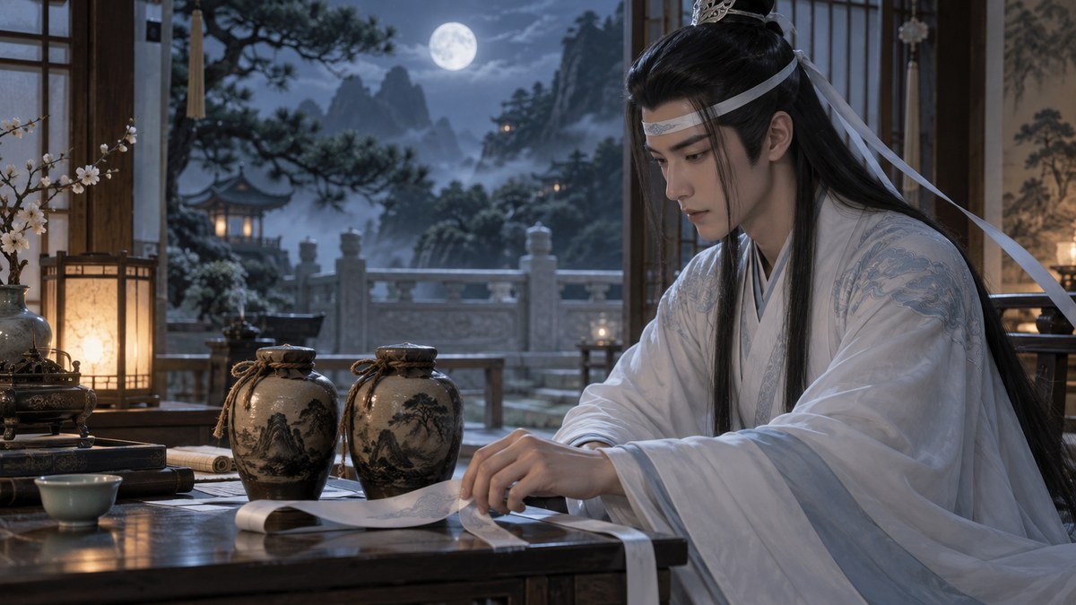 Lan Wangji, wearing white and pale-blue robes with his white cloud-pattern forehead ribbon clearly visible, handles another ribbon beside two ceramic Emperor’s Smile wine jars in a moonlit room.