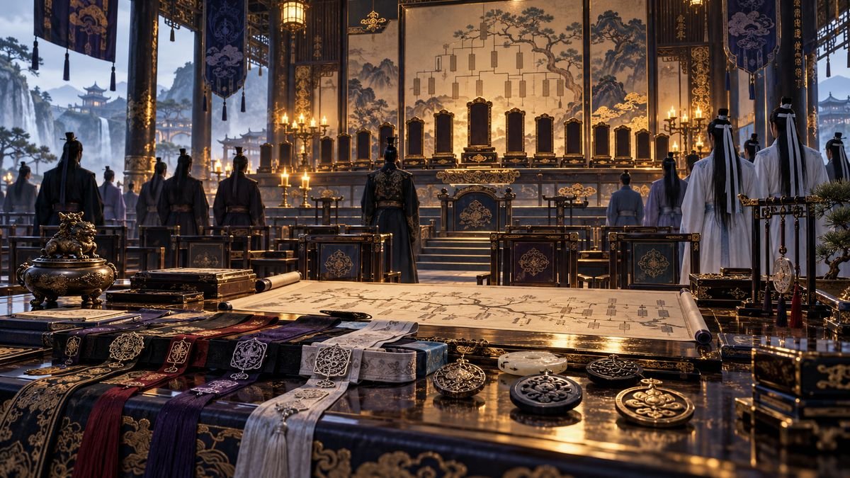 06-titles-kinship-and-clan-rank Blank ceremonial plaques, rank tokens, belts, and ordered seats fill an ornate ancient Chinese clan hall.