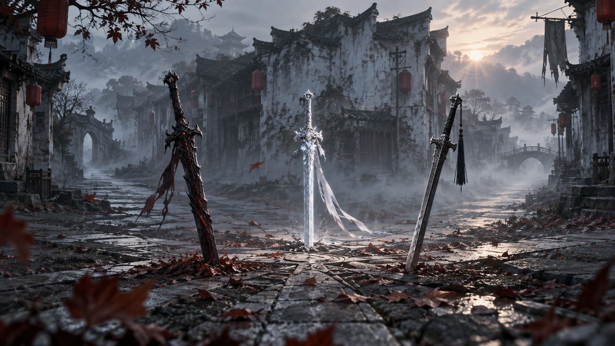 Jiangzai, Shuanghua, and Fuxue form a triangle at a foggy Yi City crossroads, contrasting a jagged dark blade, a luminous frost-white sword, and a restrained dark-silver sword.