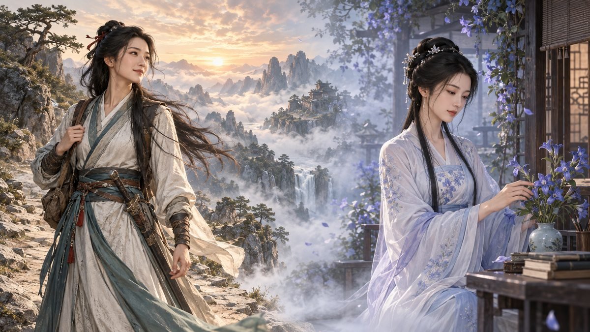 Cangse Sanren walks a mountain path while Madam Lan tends flowers beside a quiet gentian house.