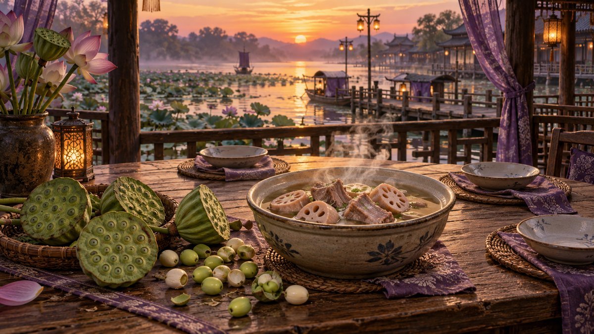 Fresh green lotus seed pods, loose seeds, and a steaming bowl of lotus-root-and-pork-rib soup sit before three empty place settings in a warm riverside pavilion at sunset.
