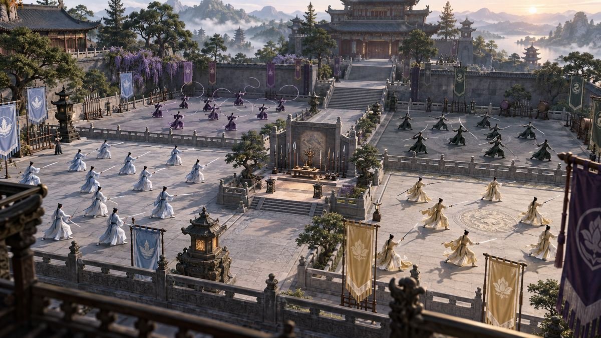 Four clan-colored groups practice sword, saber, and spiritual-whip techniques in separate sections of a large mountain training courtyard surrounding a quiet recognition altar.