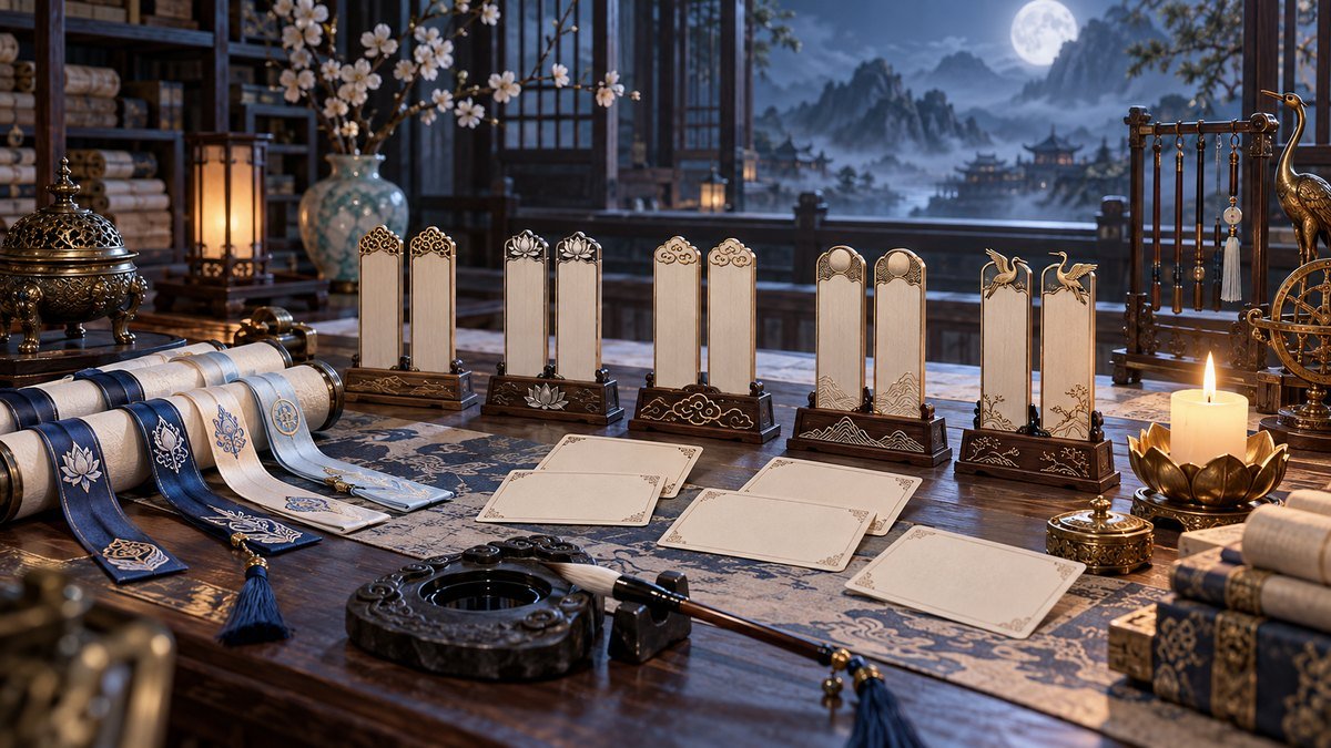 08-courtesy-names-faq Blank paired name tablets, scrolls, clan ribbons, brush, and inkstone form an organized archive research table.
