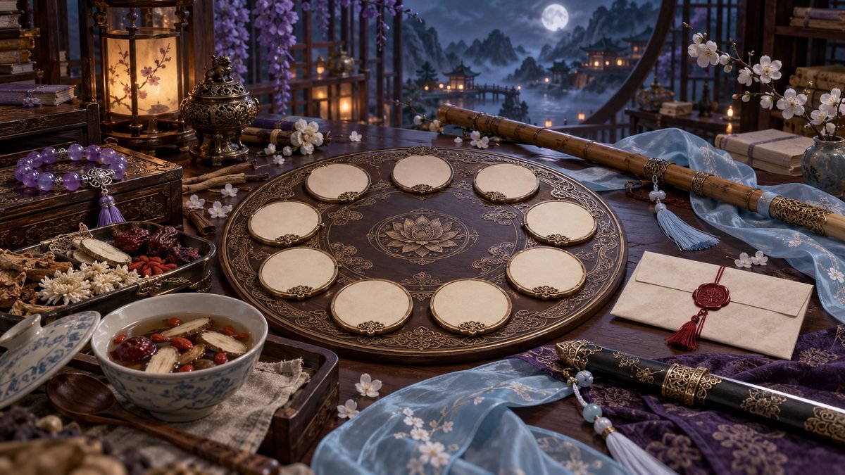 Ten blank character tokens circle a table with herbs, a purple bracelet, soup, ribbons, and letters.