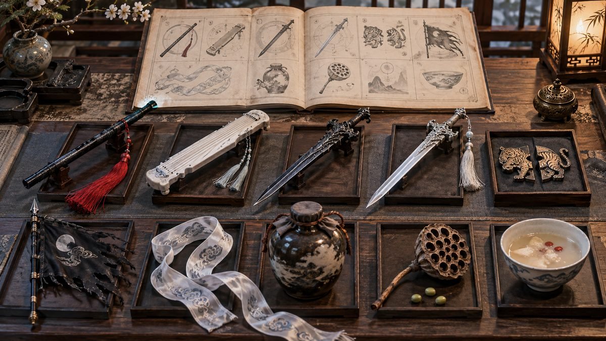 Ten separate display trays present a black flute, pale guqin, two swords, split tiger tally, black flag, white forehead ribbon, wine jar, lotus pod, and soup bowl beneath an illustrated catalog.