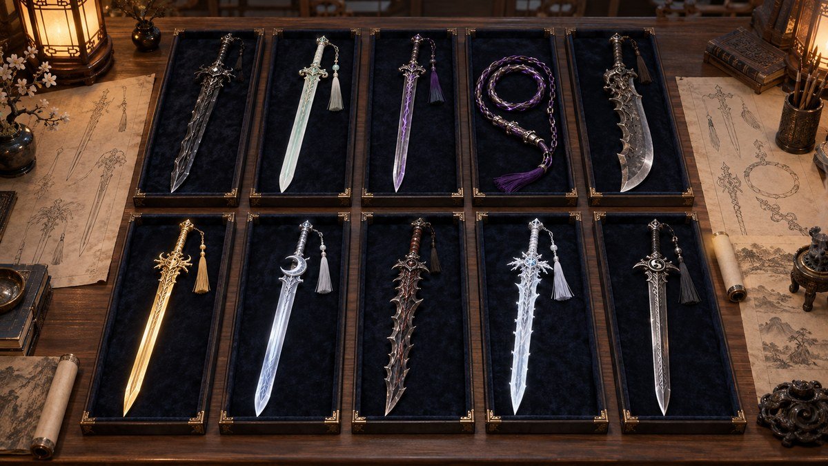 Ten historical-fantasy weapons are arranged individually in velvet trays on a scholar’s table, including dark, pale, purple, gold, silver, jagged and frost-white blades plus a ring-whip and saber.
