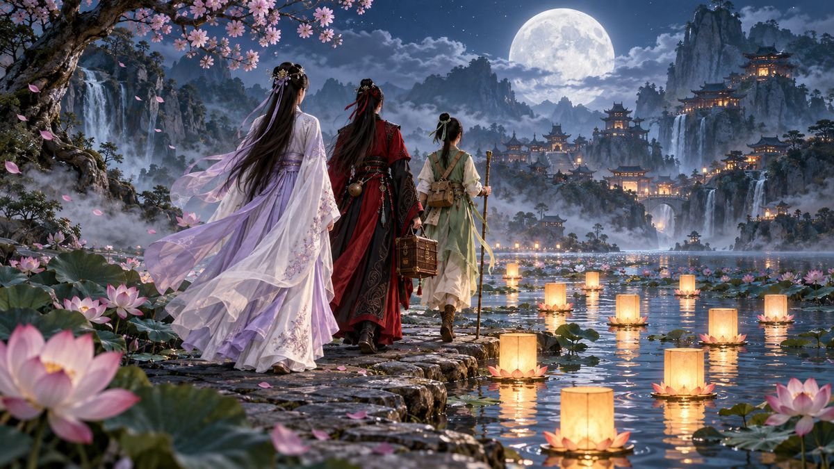 09-conclusion-their-influence-outlives-their-screen-time Jiang Yanli, Wen Qing, and A-Qing walk along a moonlit lotus path beneath ten glowing tokens.