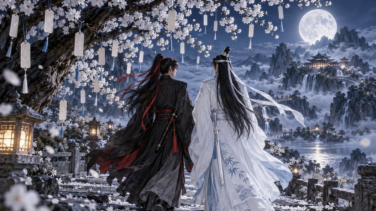 09-courtesy-names-conclusion Wei Wuxian and Lan Wangji walk beneath white blossoms toward a moonlit pavilion as blank name tokens sway.
