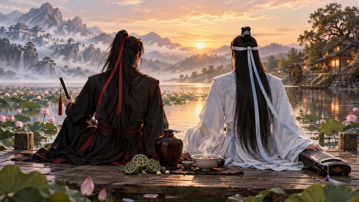 09-the-untamed-props-conclusion Wei Wuxian and Lan Wangji sit from behind on a lotus pier at dawn with their red and white ribbons visible, joined by a flute, guqin, wine jar, lotus pods, and warm soup.