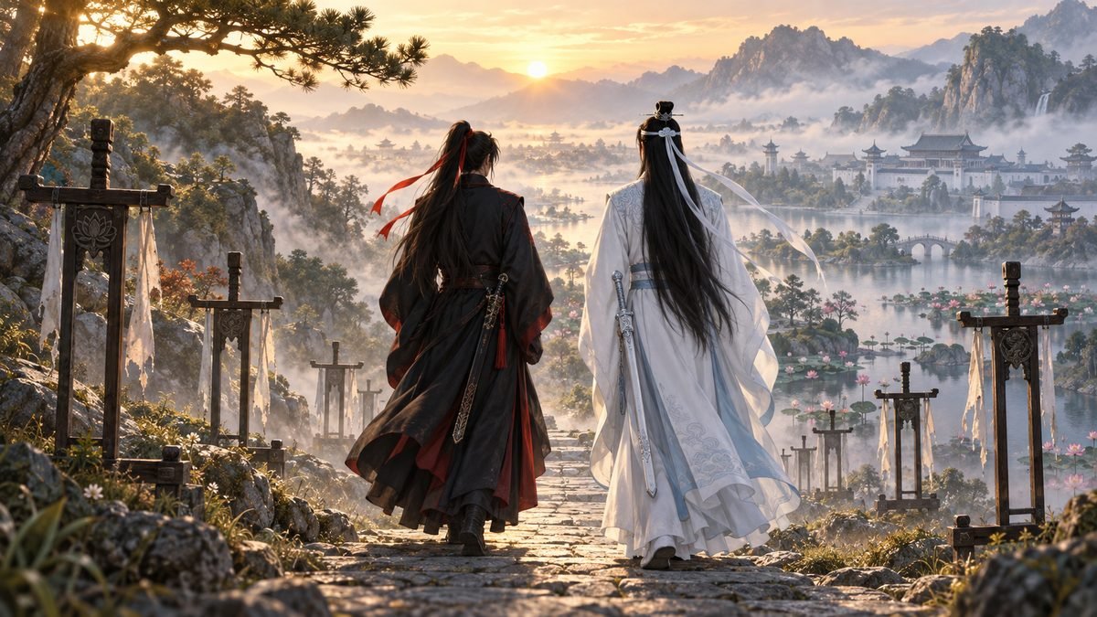 09-the-untamed-weapons-conclusion Wei Wuxian and Lan Wangji walk into a golden dawn carrying Suibian and Bichen, with their red hair ribbon and white forehead ribbon visible as empty weapon stands fade into the mist.